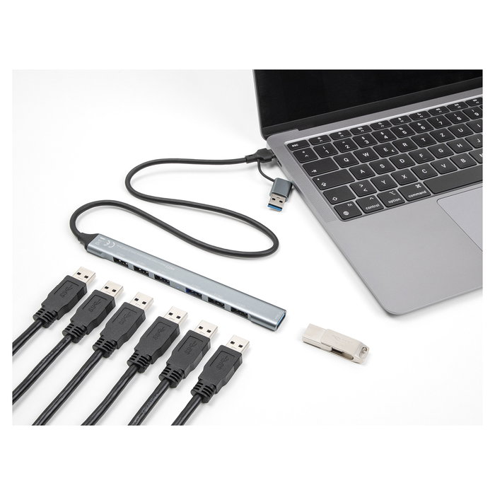 Delock 64273 Hub USB 3.2 Gen 1 de 7 Puertos (6x USB-A 2.0 + 1x USB-A 5Gbps) con Cable Tipo-C/Tipo-A de 0.5m, Plug & Play, Gris Metal