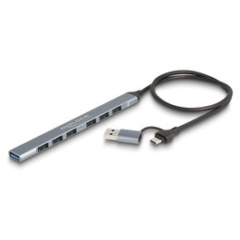 Delock 64273 Hub USB 3.2 Gen 1 de 7 Puertos (6x USB-A 2.0 + 1x USB-A 5Gbps) con Cable Tipo-C/Tipo-A de 0.5m, Plug & Play, Gris Metal