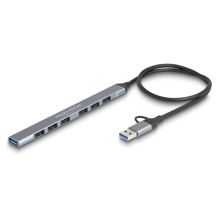Delock 64273 Hub USB 3.2 Gen 1 de 7 Puertos (6x USB-A 2.0 + 1x USB-A 5Gbps) con Cable Tipo-C/Tipo-A de 0.5m, Plug & Play, Gris Metal
