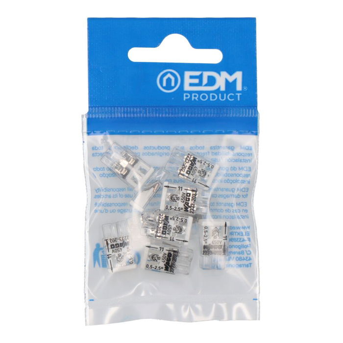 Wago 223-412 Conector Rápido 2 Vías para Conductores Rígidos 0.5-2.5 mm², 450V 24A, Policarbonato Transparente/Tapa Blanca, 10 Unidades