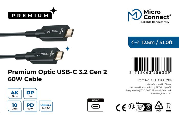 MicroConnect Cable USB-C a USB-C Premium 12,5m 100W 20Gbps 4K60Hz MicroConnect Cable USB-C a USB-C Premium 12,5m 100W 20Gbps 4K60Hz