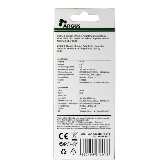 Inter-Tech ARGUS IT-810 Adaptador USB3.0 a RJ45 Gigabit Lan 1000 MBit/s Negro