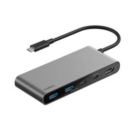 Belkin Adaptador Hub USB-C 7 en 1 con 2x USB-C PD 100W, 2x USB-A, HDMI, Lector SD y Micro SD, Gris Espacial