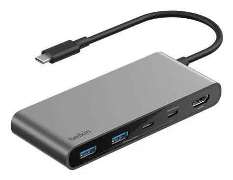 Belkin Adaptador USB-C 7 en 1 con HDMI 4K, USB-C PD 100W y Lectores de Tarjetas, Gris Espacial