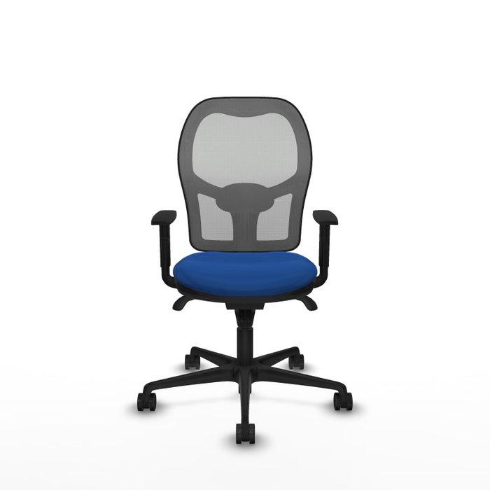 Silla de oficina Jorquera con mecanismo Sincro tapizada con Similpiel color Azul y malla color Gris. Equipada con lumbar 1D, Brazos 1D y Ruedas 65mm nailon