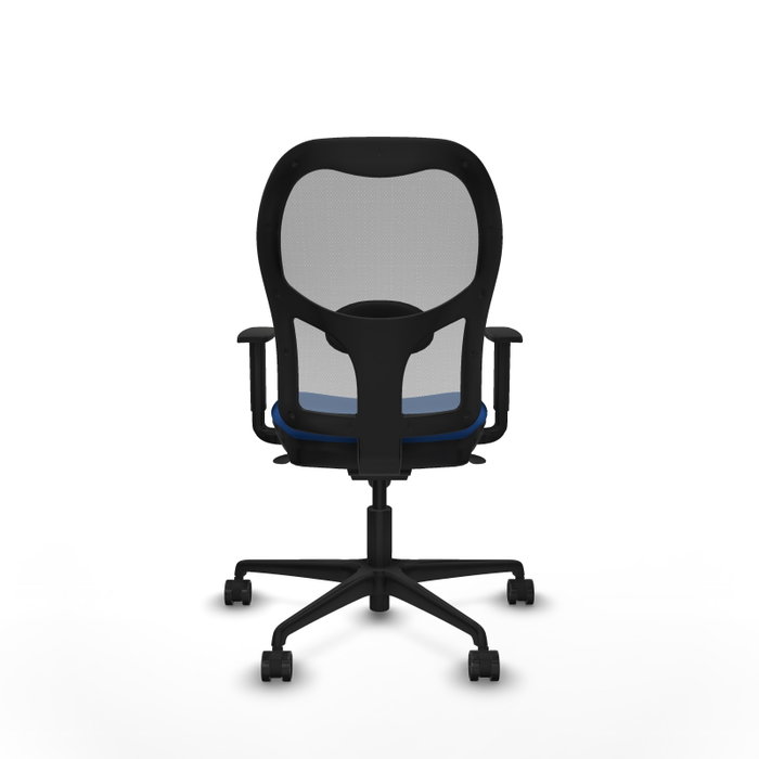 Silla de oficina Jorquera con mecanismo Sincro tapizada con Similpiel color Azul y malla color Gris. Equipada con lumbar 1D, Brazos 1D y Ruedas 65mm nailon