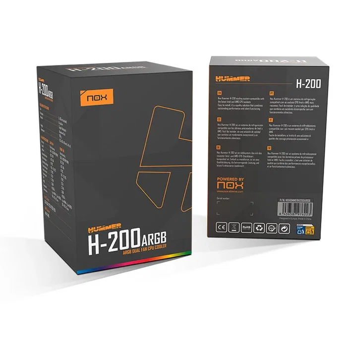 NOX Hummer H-200 ARGB - Disipador de CPU con 2 Ventiladores de 130mm PWM, Iluminación ARGB, 6 Heatpipes, TDP 230W, Compatible con Sockets Intel y AMD