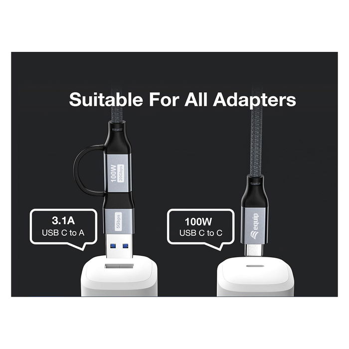 EQUIP 128432 Cable USB-C 3.2 Gen 2x2 a USB-A, 20Gbps, Carga Rápida 100W, 2m, Negro