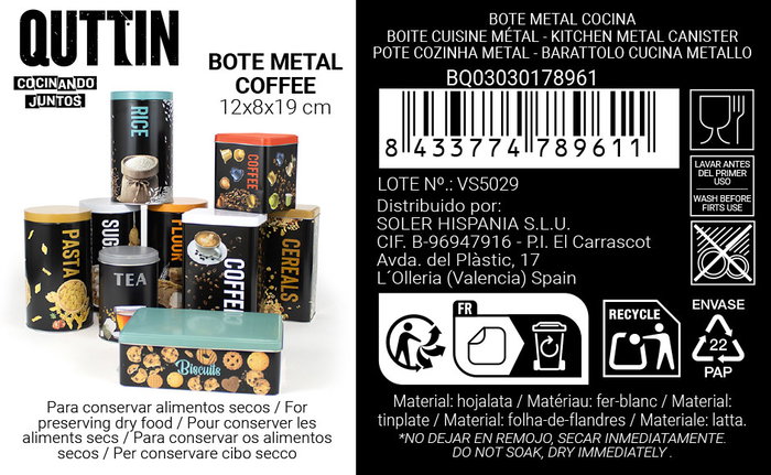 Quttin Bote Metal Café Molido 12 cm x 8.3 cm x 19 cm (18 Unidades)