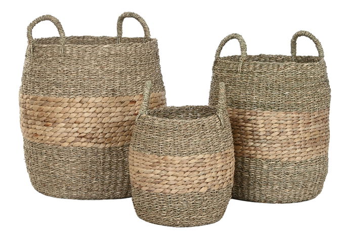 DKD Home Decor Cesta Tropical Jacinto de agua Natural Set de 3 Piezas 40 x 40 x 44 cm