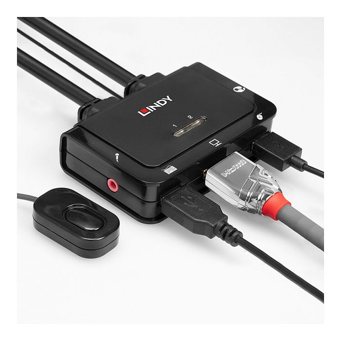 LINDY Switch KVM HDMI 2.0 18G 2 Puertos 42345, 4K Ultra HD 4096 x 2160 Pixeles con USB y Audio, Montaje en Rack, Negro