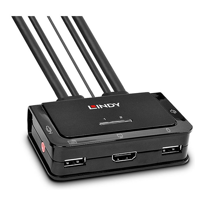 LINDY Switch KVM HDMI 2.0 18G 2 Puertos 42345, 4K Ultra HD 4096 x 2160 Pixeles con USB y Audio, Montaje en Rack, Negro