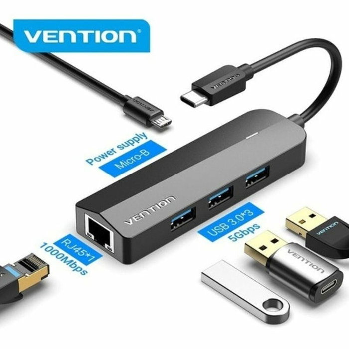 Vention Docking USB Tipo-C TGPBB con 3xUSB, 1xRJ45 y 1xMicro B PD Negro
