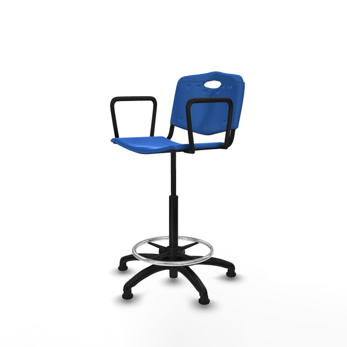 Taburete Robledo con mecanismo Giratorio de PVC color Azul. Equipado con Base poliamida negra, Brazos fijosy Topes Taburete Robledo con mecanismo Giratorio de PVC color Azul. Equipado con Base poliamida negra, Brazos fijosy Topes