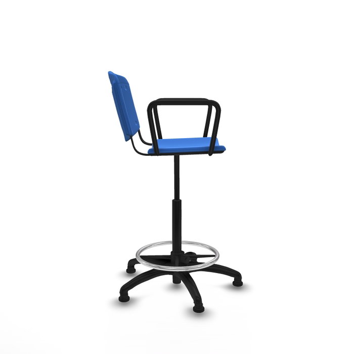 Taburete Robledo con mecanismo Giratorio de PVC color Azul. Equipado con Base poliamida negra, Brazos fijosy Topes Taburete Robledo con mecanismo Giratorio de PVC color Azul. Equipado con Base poliamida negra, Brazos fijosy Topes