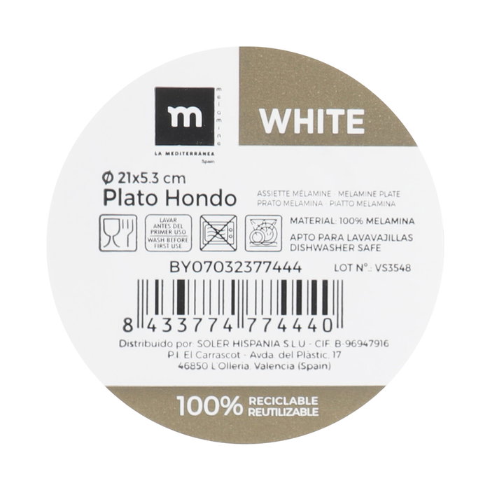 La Mediterranea Plato Hondo Melamina Mate White 21 x 5.3 cm (24 Unidades)