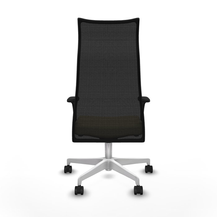 Sillón Albacete con mecanismo Sincro tapizada con Similpiel color Crema y malla color Negro. Equipado con Base poliamida blanca, Brazos 1D y Ruedas 65mm nailon