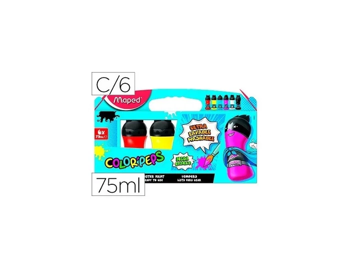 Maped Set de Témperas Color'Peps de 75 ml, 6 Colores Surtidos Primarios
