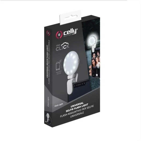 Celly Luz de Flash Clicklight para Selfies Smartphones, 3 Tonos (Frío, Cálido) Blanco, Clip Ajustable Universal