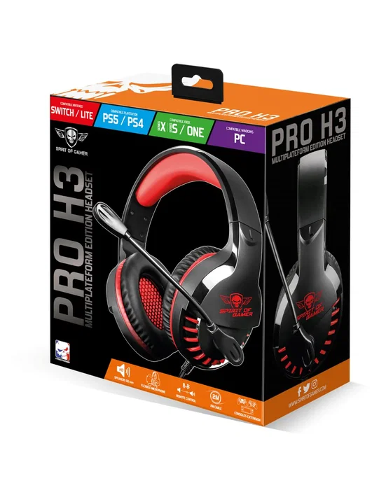 Spirit of Gamer Auriculares Gaming con Micrófono PRO-H3 - Diadema Alámbricos Circumaural Negros/Rojos, 50 mm, 3.5 mm, Compatible con PC, PS4/PS5, Xbox, Switch y Smartphones