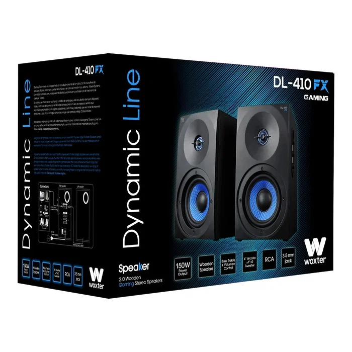 Woxter Altavoces Estéreo Gaming DL-410 FX 150W, Sistema 2.0 con Woofer 4" y Tweeter 1", Negro/Azul, Conexión 3.5mm y RCA Woxter Altavoces Estéreo Gaming DL-410 FX 150W, Sistema 2.0 con Woofer 4" y Tweeter 1", Negro/Azul, Conexión 3.5mm y RCA