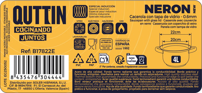 Inde Cacerola 20 cm Acero Inoxidable con Tapa 4 L "New Neron" (4 Unidades)