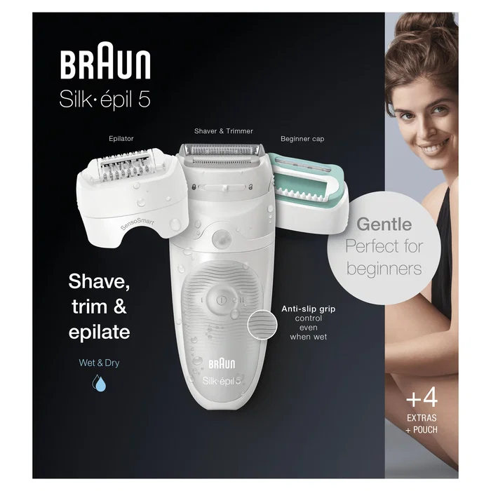 Braun Silk-épil 5 Depiladora Eléctrica 81770430 para Mujer - 28 Pinzas MicroGrip, Afeitadora Recortadora Incluida, Uso Húmedo y Seco, Color Blanco