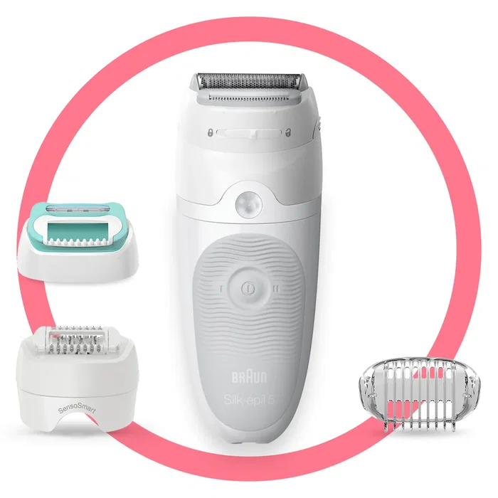Braun Silk-épil 5 Depiladora Eléctrica 81770430 para Mujer - 28 Pinzas MicroGrip, Afeitadora Recortadora Incluida, Uso Húmedo y Seco, Color Blanco