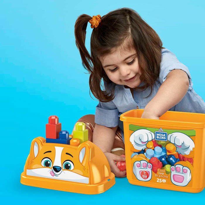 MEGA BLOKS Cubo de Bloques de Construcción Grande Perrito Corgi Fisher-Price First Builders HDK81 - 25 Piezas, Juguete Educativo a Partir de 12 Meses