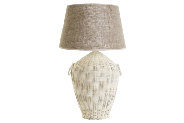 DKD Home Decor Lámpara Sobremesa Tropical Blanco Marron Claro Ratán Lino 42 x 70 x 42 cm