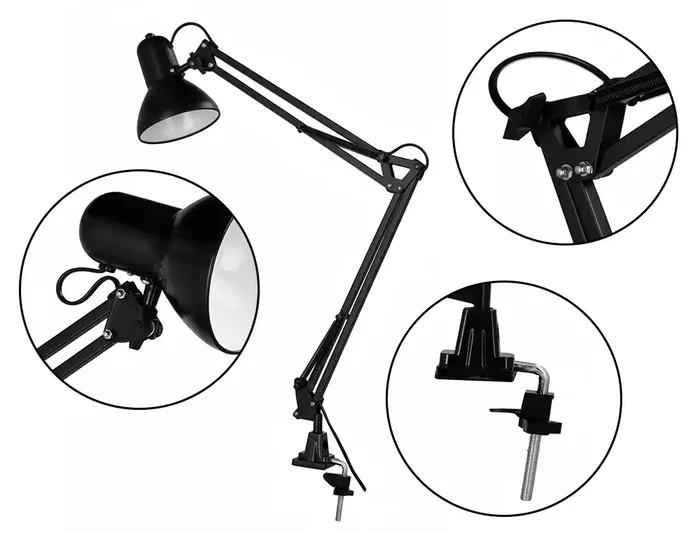 Q-Connect Antares - Lámpara de Escritorio Metálica con Pinza, Brazo Doble de 3 Articulaciones, Interruptor, 40W (Compatible LED), Color Negro