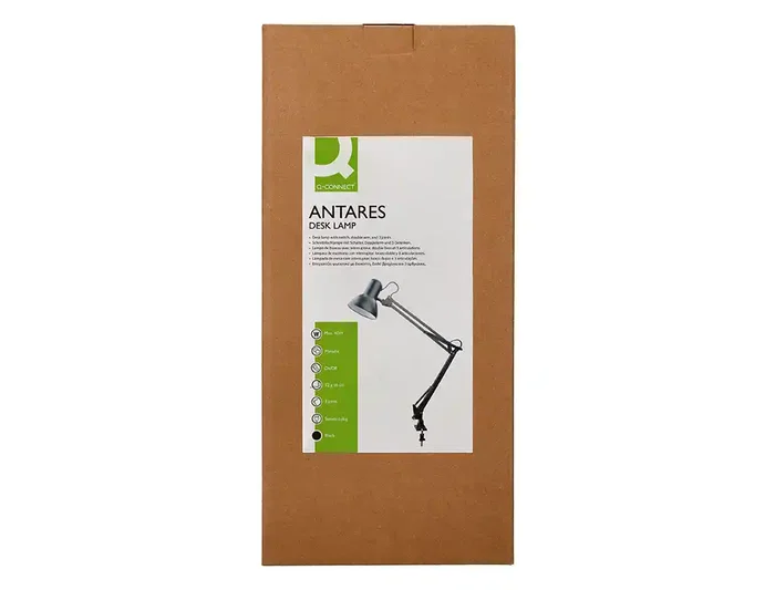 Q-Connect Antares - Lámpara de Escritorio Metálica con Pinza, Brazo Doble de 3 Articulaciones, Interruptor, 40W (Compatible LED), Color Negro