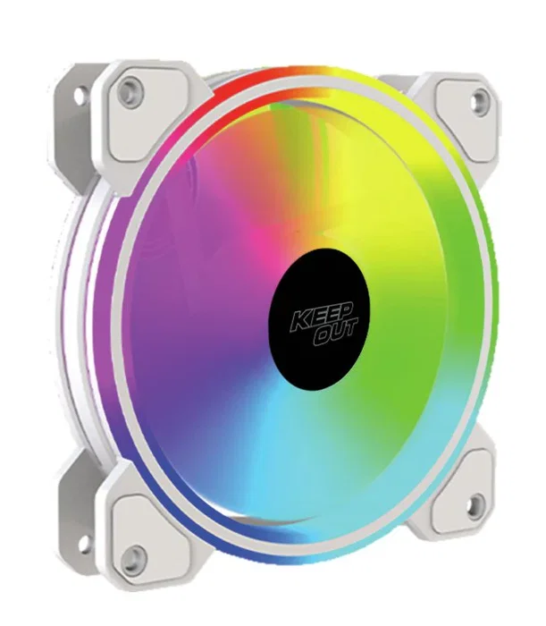 Keep Out XFC-120DRW Ventilador PC 120mm Blanco ARGB, 1600 RPM, 9 Aspas, 58 CFM, Sistema Antivibración, Control PWM de 4 Pines