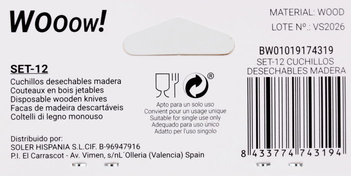 Wooow Set 12 Cuchillos Desechables de Madera 16.5 cm (36 Unidades)