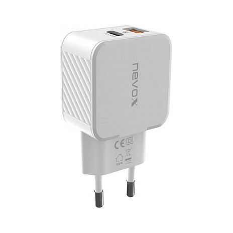 Nevox HC-2009 Cargador USB PD 30W Tipo C + QC3.0 Blanco, Interruptor Incorporado, Protección Contra Sobrecarga, Sobrecalentamiento y Cortocircuito