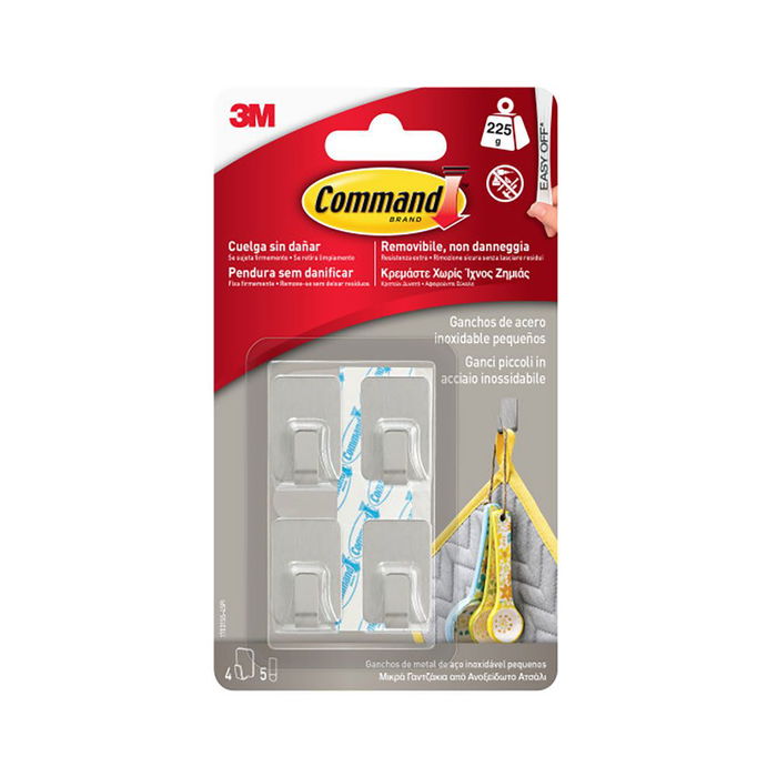 3M Command Gancho de Acero Inoxidable, Pequeño 19x30x15 mm, 17031ss-4, 4 Ud. + 5 Tiras, Carga Máx. 225 gr