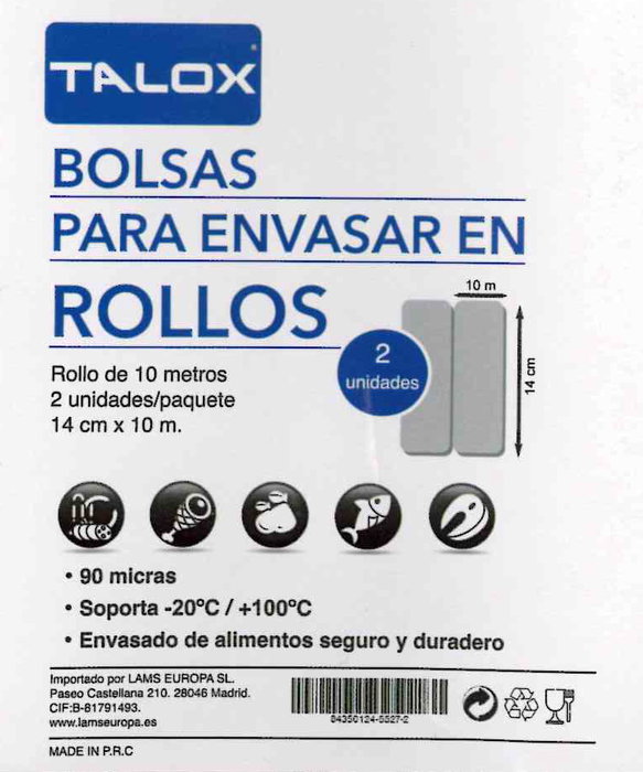 TALOX Pack 2 Rollos para Envasar al Vacío Gofrados 14 cm x 10 m 90µ