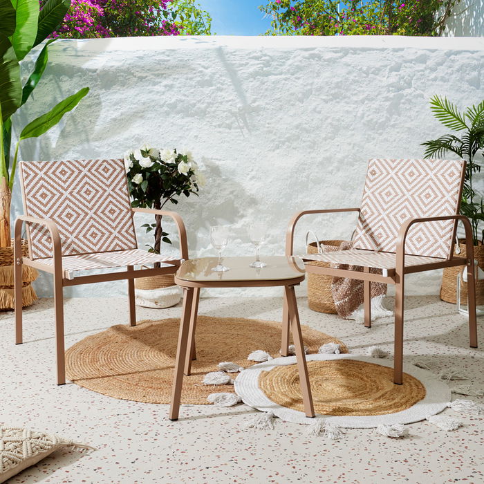 Home Deco Factory Salón de Jardín México Beige - Mesa Reversible Acero Epoxy y Sillas Textileno UV para 2 Personas, Mesa 45x45 cm Home Deco Factory Salón de Jardín México Beige - Mesa Reversible Acero Epoxy y Sillas Textileno UV para 2 Personas, Mesa 45x45 cm