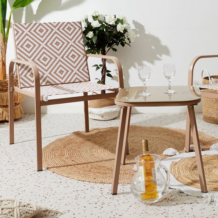 Home Deco Factory Salón de Jardín México Beige - Mesa Reversible Acero Epoxy y Sillas Textileno UV para 2 Personas, Mesa 45x45 cm Home Deco Factory Salón de Jardín México Beige - Mesa Reversible Acero Epoxy y Sillas Textileno UV para 2 Personas, Mesa 45x45 cm