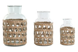 DKD Home Decor Set de 3 Jarrones de Cristal y Fibra Natural