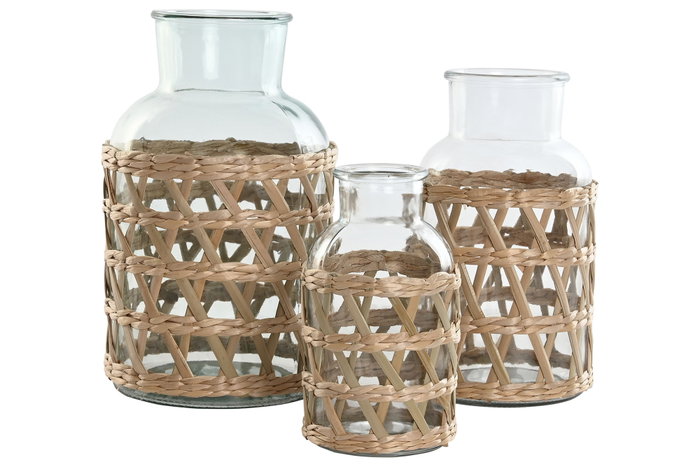 DKD Home Decor Set de 3 Jarrones de Cristal y Fibra Natural