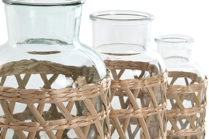 DKD Home Decor Set de 3 Jarrones de Cristal y Fibra Natural