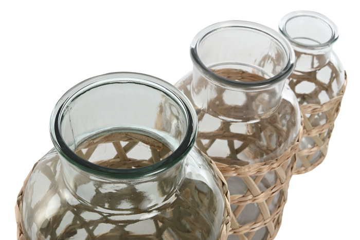 DKD Home Decor Set de 3 Jarrones de Cristal y Fibra Natural