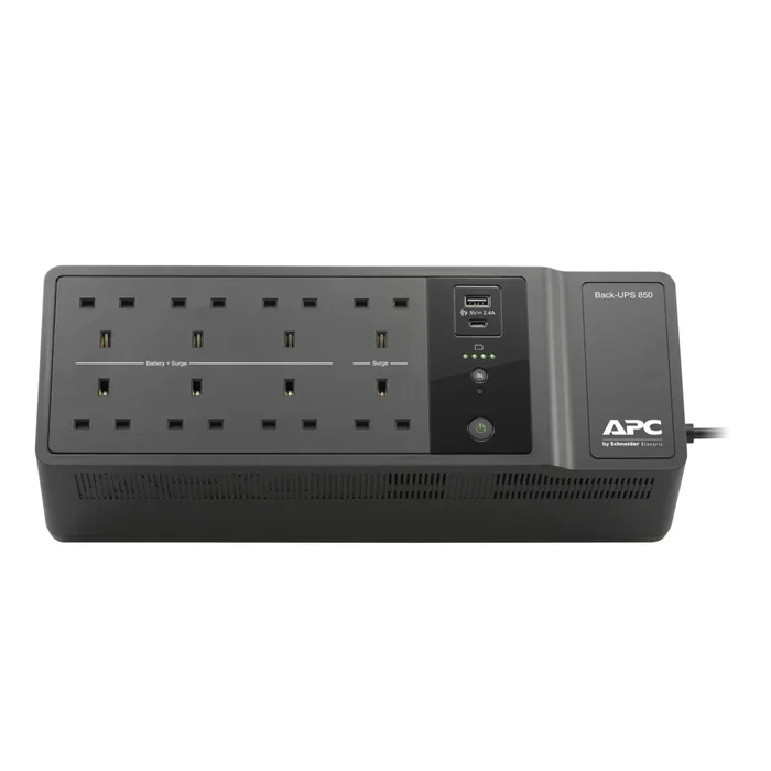 APC BE850G2-UK SAI (UPS) 520W / 850VA, Offline/Standby, Voltaje de entrada 180-266V, 8 conectores UK, Negro