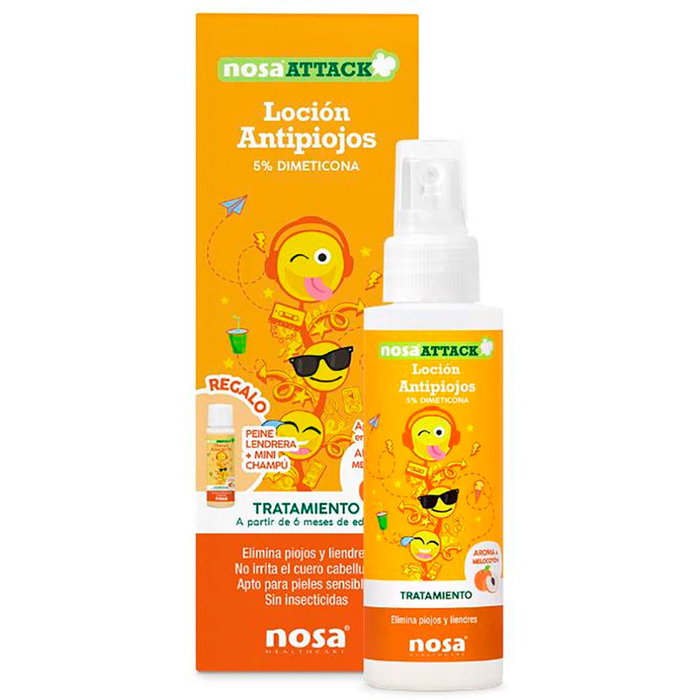 Nosa ATTACK Loción Antipiojos con Dimeticona 5% - Eficacia sin Insecticidas, Aroma Melocotón, 100 ml, Incluye Lendrera