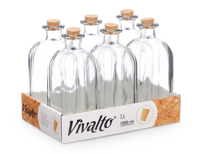 Vivalto Frasca de Vidrio Transparente 1000 ml con Tapon de Corcho, 9x22.5x9 cm (Set de 18)