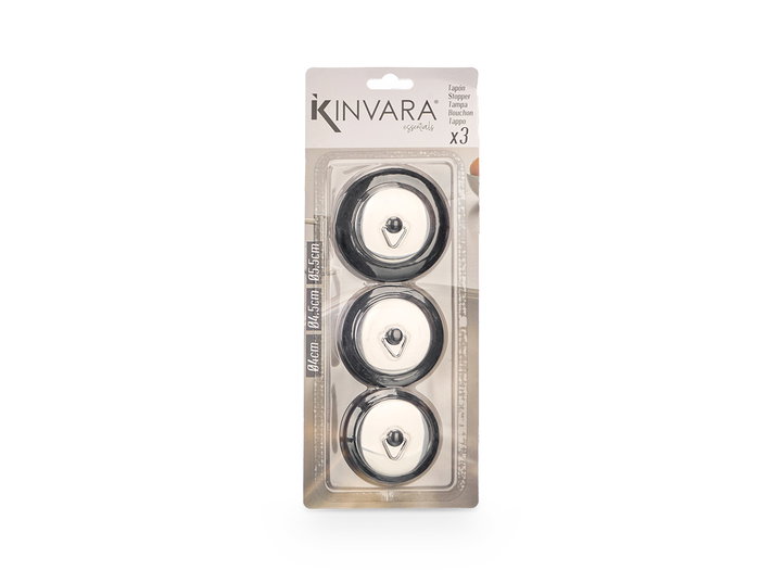 Kinvara Set 3 Tapones Fregadero Acero y Goma Negros y Metal 11.5x29.5x2.5 cm Diámetro: 4cm, 4.5cm, 5.5cm (Set de 24)
