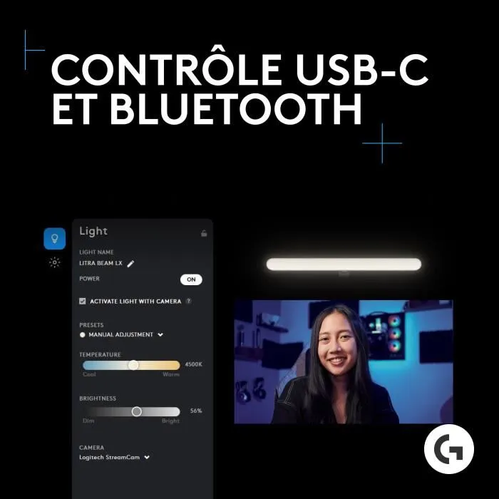 Logitech G LOG1701162278315 Iluminación de Acento RGB Dual Litra Beam LX: Tonos de Piel Naturales, Apariencia Radiante, Iluminación Frontal