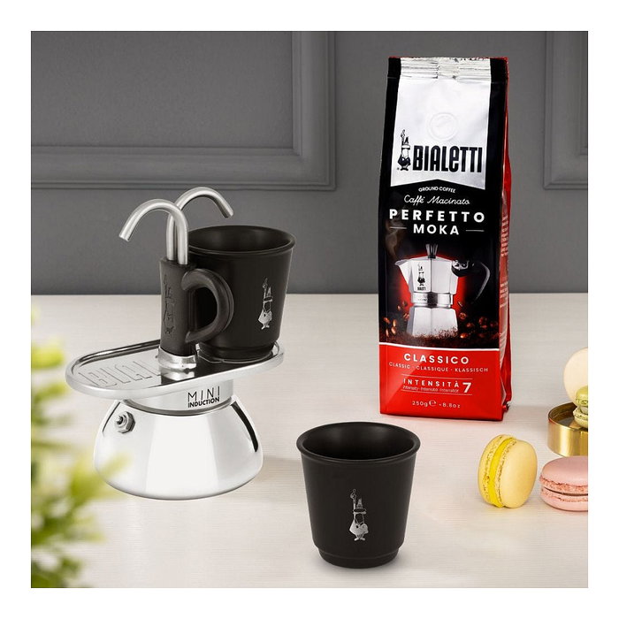 Bialetti Mini Express Induction con 2 tazas de cerámica, Negro