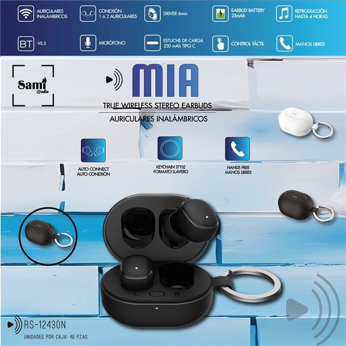 SAMI Auriculares Inalámbricos MIA TWS, Negro, Mini Llavero, Batería 25mAh, 230mA, Bluetooth